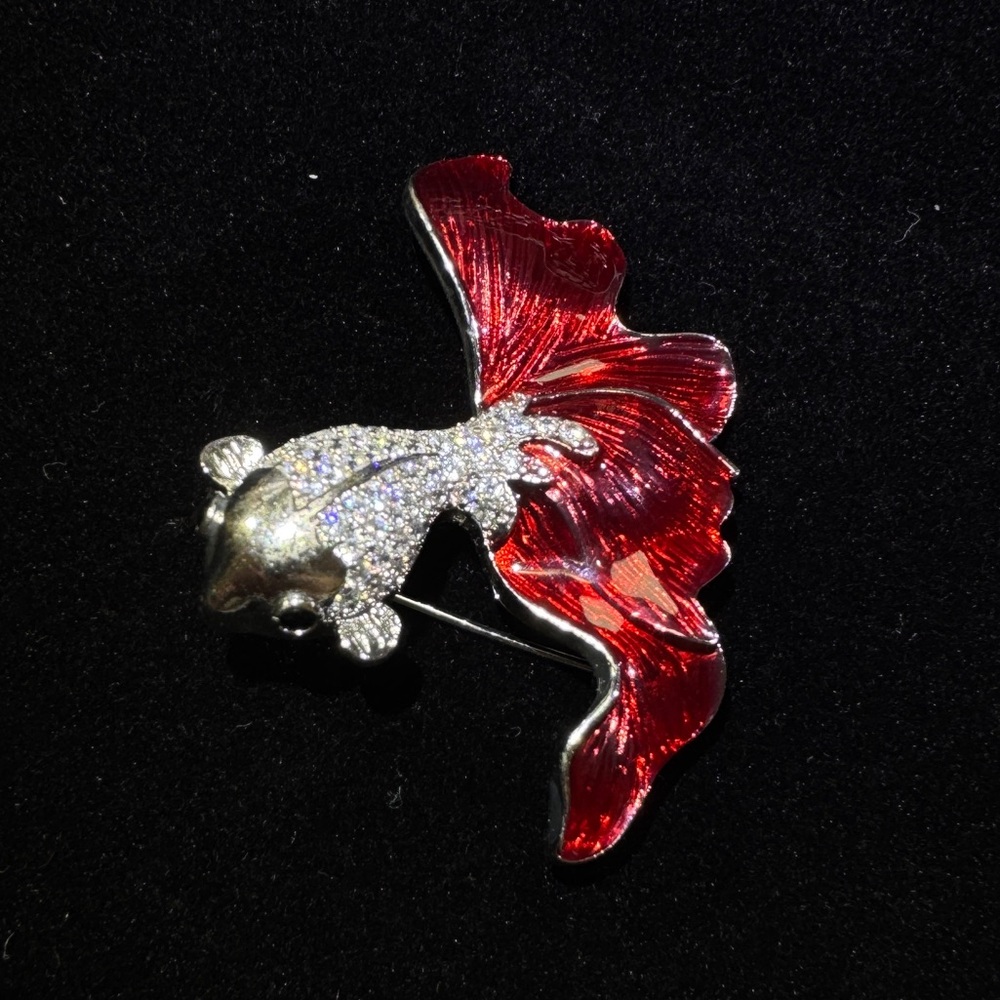 Red Enamel Goldfish Pin Brooch with Crystal Accents